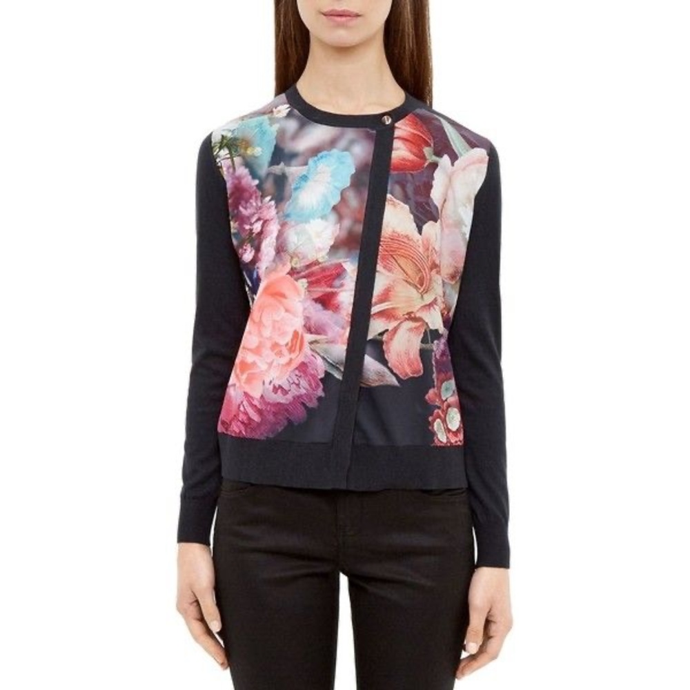 Ted Baker Black Cardigan with Multicolor Floral Front - Picture 1 of 5